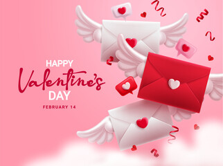 Valentines love letter vector design. Happy valentine's day text with flying love letter envelope romantic elements. Vector illustration valentine invitation card background. 