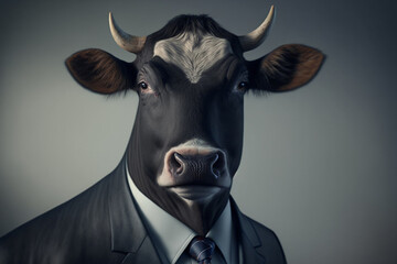 Cow, Animal wearing Business Suite, Wildlife, Portrait, Close up, Generative ai