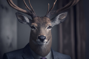 Deer, Animal wearing Business Suite, Wildlife, Portrait, Close up, Generative ai