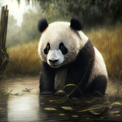 Obraz premium panda eating bamboo, using ai