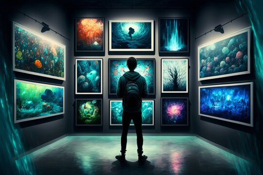 Rapaz aventureiro numa galeria de arte digital criada através da utilização de IA generativa