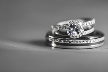 pair of silver diamond engagement ring jewelry his and hers wedding day ceremony still life close up with blurry background and white platform 