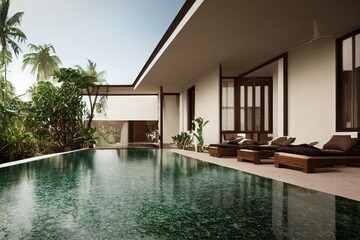 Fototapeta premium Luxury with tropical Jungle villa resort luxurious swimming pool. Generative AI illustration