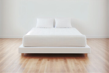 Minimalist white bed mattress on solid hardwood oak floor in cozy modern home bedroom. Minimalist white bright room Japanese style. Generative AI.