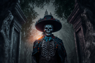 Naklejka premium Man dressed for Mexican Day of the Dead - Generative AI