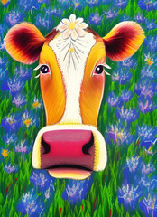 AI generative illustration of contented cow in field of flowers.