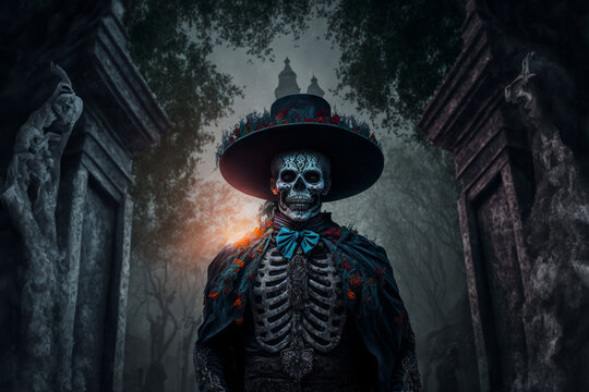 Man dressed for Mexican Day of the Dead - Generative AI