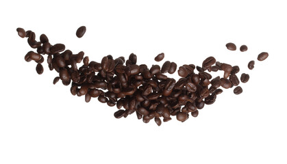 Coffee bean fly explosion, Coffee seeds float explode, abstract cloud fly. Coffee beans splash throwing in Air. White background Isolated high speed shutter, freeze motion