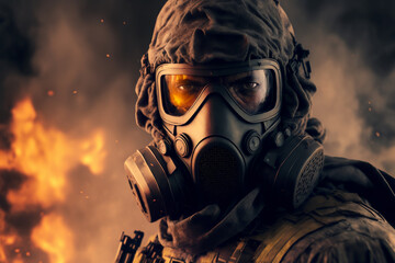 Soldier wearing a gas mask - Generative AI