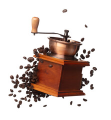 Coffee Grinder fly float in air, vintage Coffee mill for coffee bean to crush into ground powder over White background Isolated high speed shutter, freeze motion