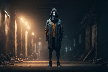 Man in a hooded jacket standing in a dark alley - Generative AI