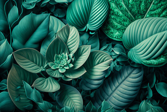 Green plant leaves background, floral tropical pattern for wallpaper, generative AI
