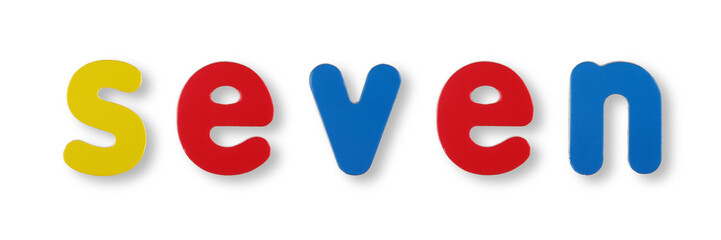 Seven word in coloured magnetic letters with clipping path concept