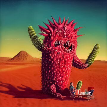 red cactus monster in the middle of the desert.