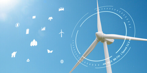 3D Wind turbine eco technology concept, renewable green energy generate from alternative electric source, Innovative windmill sustainable development background 3D rendering © ZETHA_WORK