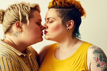 tattooed short haired lesbian couple kissing. generative AI - obrazy, fototapety, plakaty