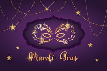 Fototapeta na wymiar Mardi Gras mask. 3d masquerade Holiday banner with gold beads, confetti, stars, bright lettering for carnival, traditional festive event. Vector realistic illustration for invitation, flyer, party