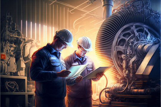 industrial engineers are using a tablet to digitally transform their factory By leveraging latest technology, The digitalization of modern technology can be used to increase productivity generative ai