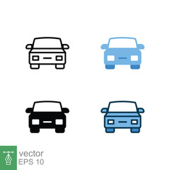 Car front icon in different style. Colored and black color car front view vector icons designed in filled outline, line, glyph and solid style. Vector illustration isolated on white background. EPS 10