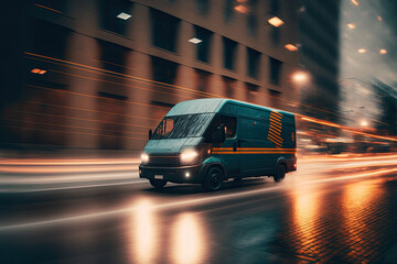Fototapeta na wymiar A fast and modern courier truck rushing through the city streets, delivering packages to business and homes, generative ai
