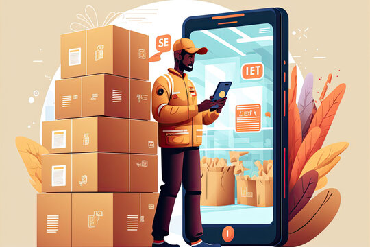 Delivery worker with a smartphone, scanning packages and using a delivery app to track and manage deliveries, generative ai