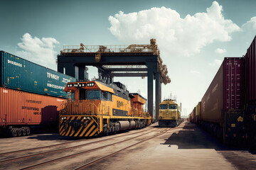 Fototapeta na wymiar Huge train yard, cranes and trucks moving containers, trains being loaded and unloaded, generative ai