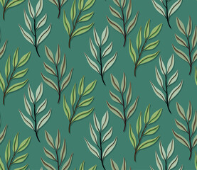 Fototapeta premium Seamless minimal green leaf pattern design. vector illustration. fashion, interior, wrapping, wall arts, fabric, packaging, web, banner