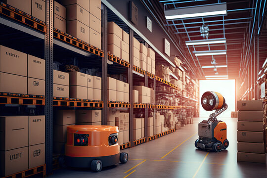 Interior shot of a modern warehouse with robots and automated systems storing and retrieving goods, products, and packages, generative ai