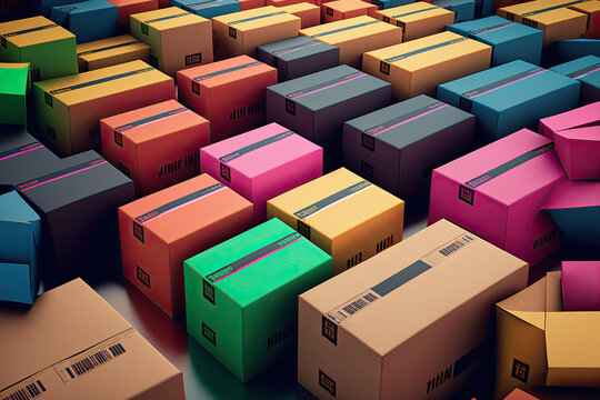 Rows of colorful packages ready for shipping at a fulfillment center, generative ai