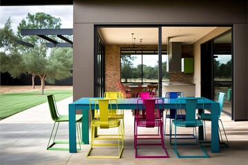 Contemporary outdoor dining area with a sleek metal table and colorful outdoor chairs. Generative AI