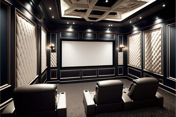Luxury home theater with plush leather recliners, a large projection screen, and a modern sound system. Generative AI