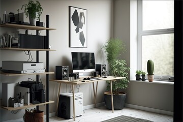 Fototapeta premium Minimalist home office with a large standing desk, a variety of office supplies, and a modern sound system. Generative AI