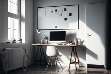 Minimalist home office with a sleek metal desk, a large whiteboard, and a variety of office supplies. Generative AI