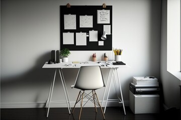 Minimalist home office with a sleek metal desk, a large whiteboard, and a variety of office supplies.