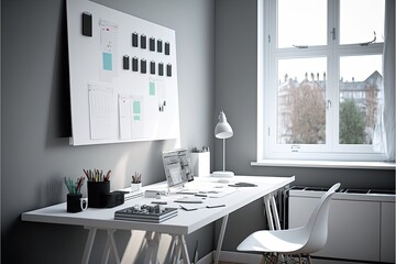 Minimalist home office with a sleek metal desk, a large whiteboard, and a variety of office supplies. Generative AI
