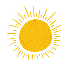 Cute hand drawn symbol of yellow shiny sun, symbol of weather elements. Sketch handdrawn sunnysign for print design, stickers, icon decoration
