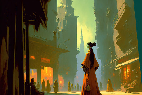 Highborn Woman in the Market Square of an Epic Fantasy City. [Sci-Fi, Fantasy, Historic, Horror Character Portrait. Graphic Novel, Video Game, Anime, Comic, or Manga Illustration.]