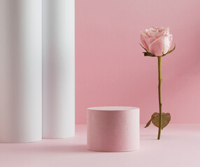 Suitable for Product Display and Business Concept. Modern aesthetic. Product podium and fresh rose...