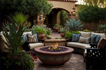 Fototapeta na wymiar Stylish outdoor patio with a large fire pit, comfortable seating, and a variety of potted plants. generative ai