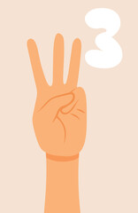 Hand Showing Three Fingers Vector Cartoon Illustration. Person indicating third place in fingers counting communication
