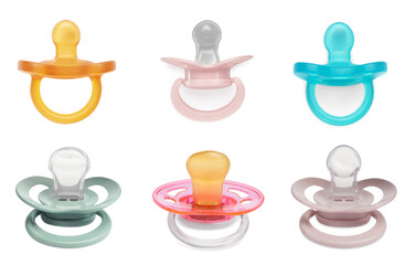 Collage of baby pacifiers in different colors on white background
