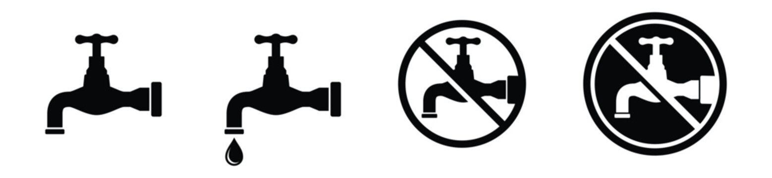 Fauced icons set. Water fauced or tap icon. No water sign. Water flows from the faucet symbol. Drinking water company symbol for apps and websites, vector illustration