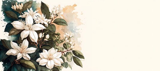 Banner of jasmine flower bouquet. Generative AI illustration banner