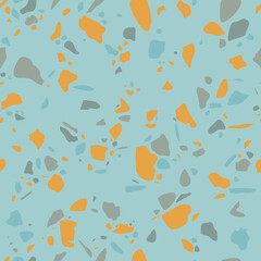 Terrazzo - powtarzalny wzór lastryko w błękitnym kolorze z żółtymi akcentami. Abstrakcyjna tekstura z kolorowych kształtów. Granitowe tło. Ilustracja wektorowa.