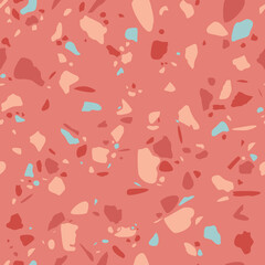Terrazzo - powtarzalny wzór lastryko w różowym kolorze z błękitnymi akcentami. Abstrakcyjna tekstura z kolorowych kształtów. Granitowe tło. Ilustracja wektorowa. - obrazy, fototapety, plakaty