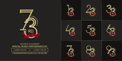 set of anniversary golden color with red ribbon for special celebration event