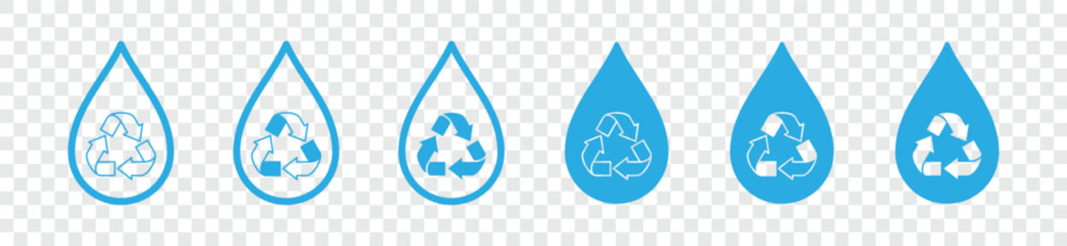 Water recycling icon set. Liquid or oil recycle icon. Water filtration icon. Water drops and triangle arrow symbol for apps and websites. Water cycle sign, vector illustration