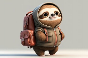 Cute sloth cartoon character with hoodie and backpack. Generative AI illustration - obrazy, fototapety, plakaty