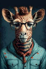 Hipster cool giraffe dressed in human body with eyeglasses. Perfect for mugs, t-shirts, banner. Generative AI illustration portrait