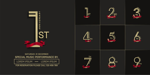 set of anniversary golden color with red ribbon for special celebration event